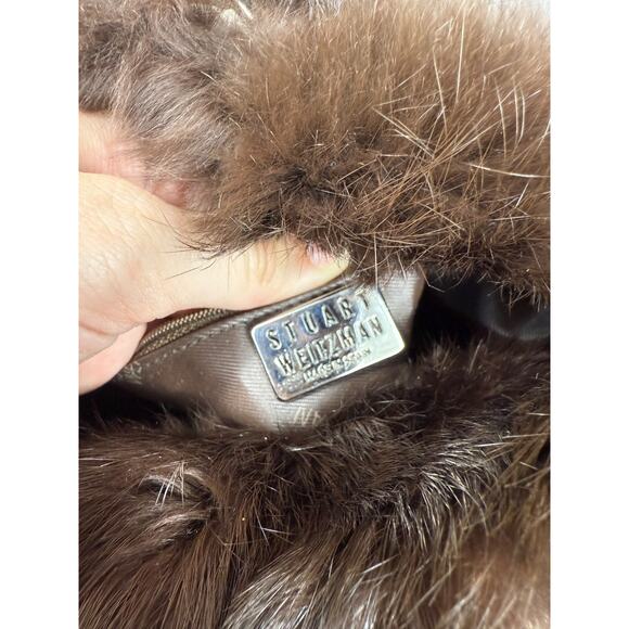 Stuart Weitzman Dark Brown Suede Fur Trim Shoulder Bag Front Clip - Picture 3 of 14